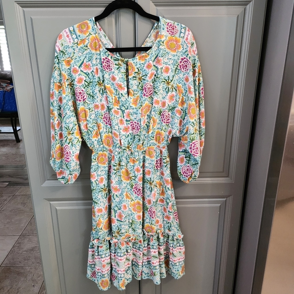 Boho Umgee Floral Print Dress in Teal and Pink - Picture 3 of 7